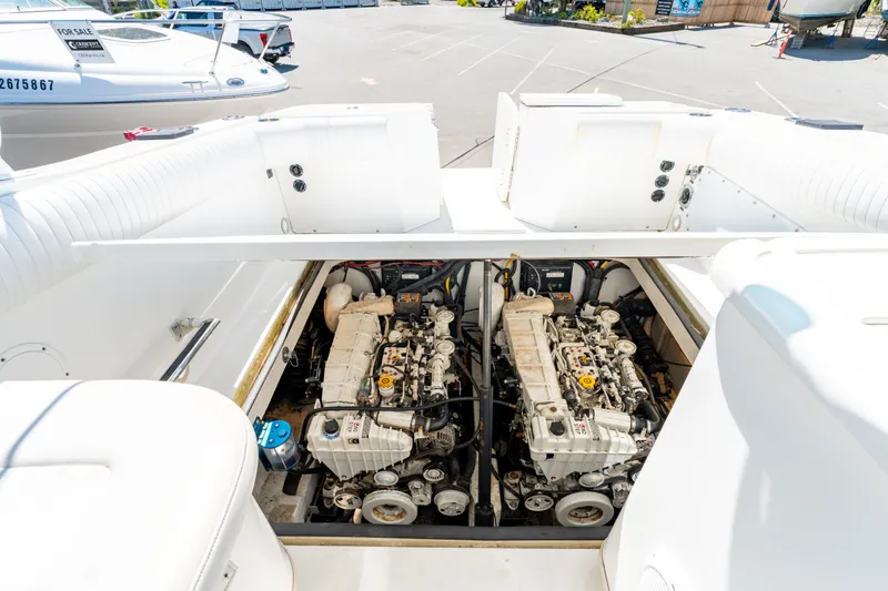  Yacht Photos Pics Engine compartment of a 2008 Fountain 38 Sportfish Cruiser, showcasing dual engines.