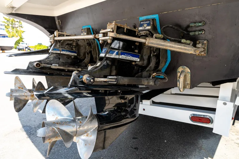  Yacht Photos Pics 2008 Fountain 38 Sportfish Cruiser's dual propellers and outboard motors on display.