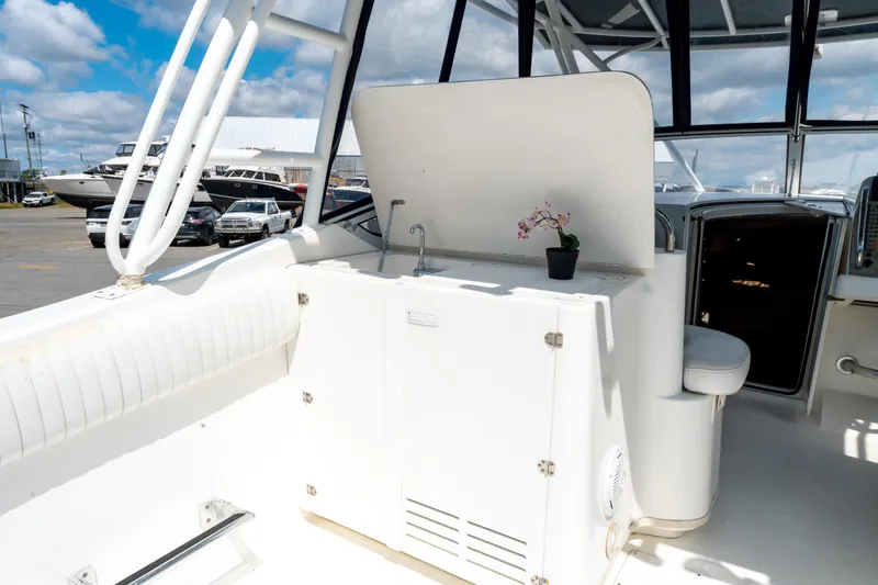  Yacht Photos Pics 2008 Fountain 38 Sportfish Cruiser interior with sink and potted plant on deck.