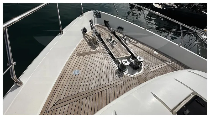  Yacht Photos Pics Deck of 2003 Ferretti Yachts 680 with teak flooring and marine equipment.