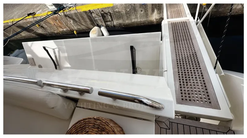  Yacht Photos Pics 2003 Ferretti Yachts 680, yacht deck and gangway detail, docked at marina.