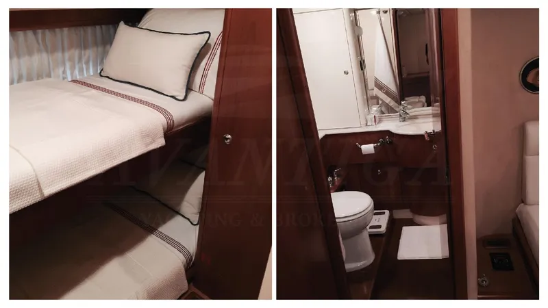  Yacht Photos Pics Interior of 2003 Ferretti Yachts 680 featuring cozy bunk beds and a compact bathroom.