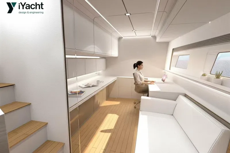 Eco Yacht Photos Pics Modern interior of 2026 Mazarin 75 iYacht Hybrid with sleek design and workspace.