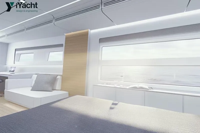 Eco Yacht Photos Pics Luxurious interior of 2026 Mazarin 75 iYacht Hybrid with modern design and ocean view.