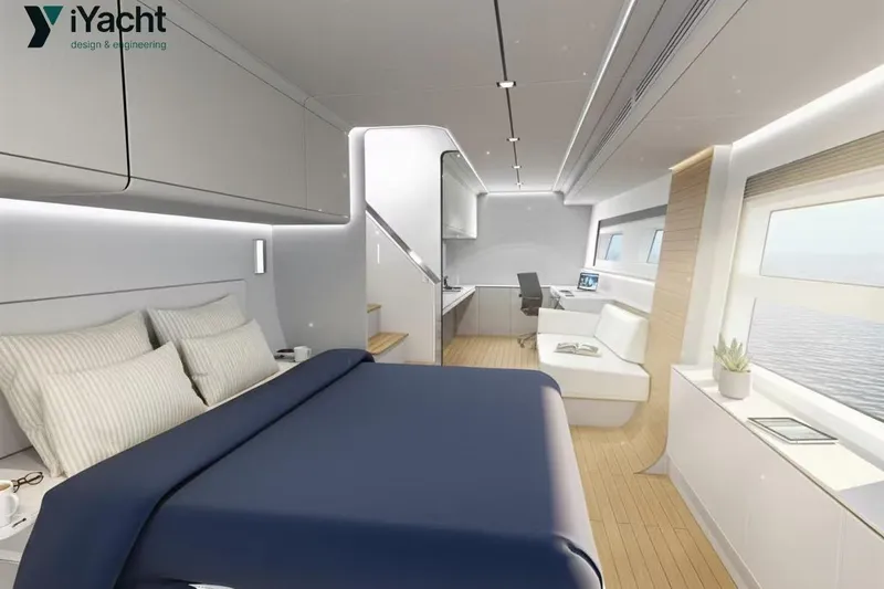 Eco Yacht Photos Pics Luxurious interior of 2026 Mazarin 75 iYacht Hybrid with modern design and ocean view.