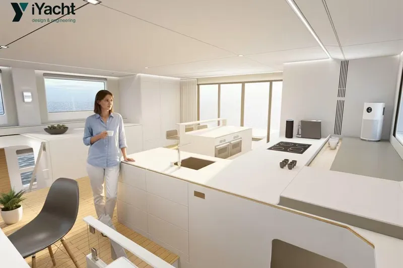 Eco Yacht Photos Pics Modern interior of 2026 Mazarin 75 iYacht Hybrid with sleek design and spacious layout.