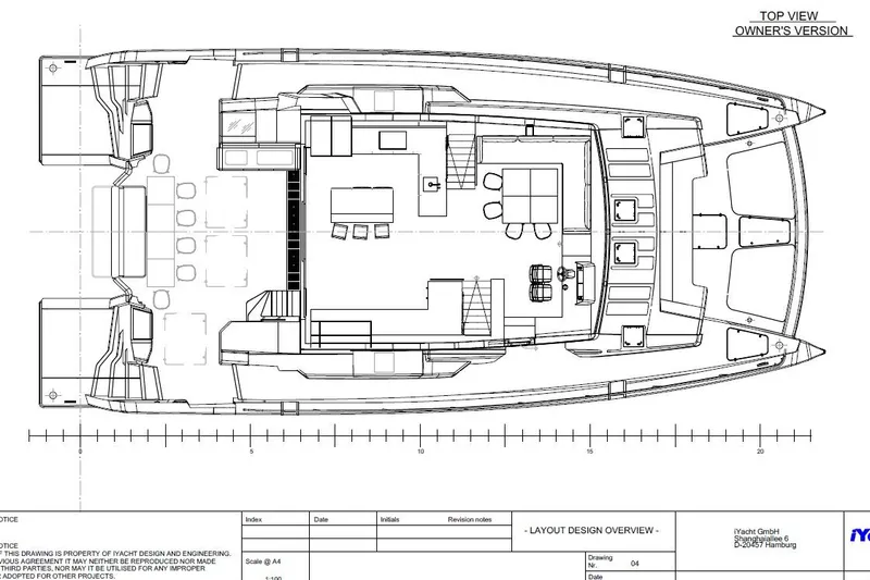Eco Yacht Photos Pics Top view layout of 2026 Mazarin 75 iYacht Hybrid, showcasing spacious design and seating arrangement.