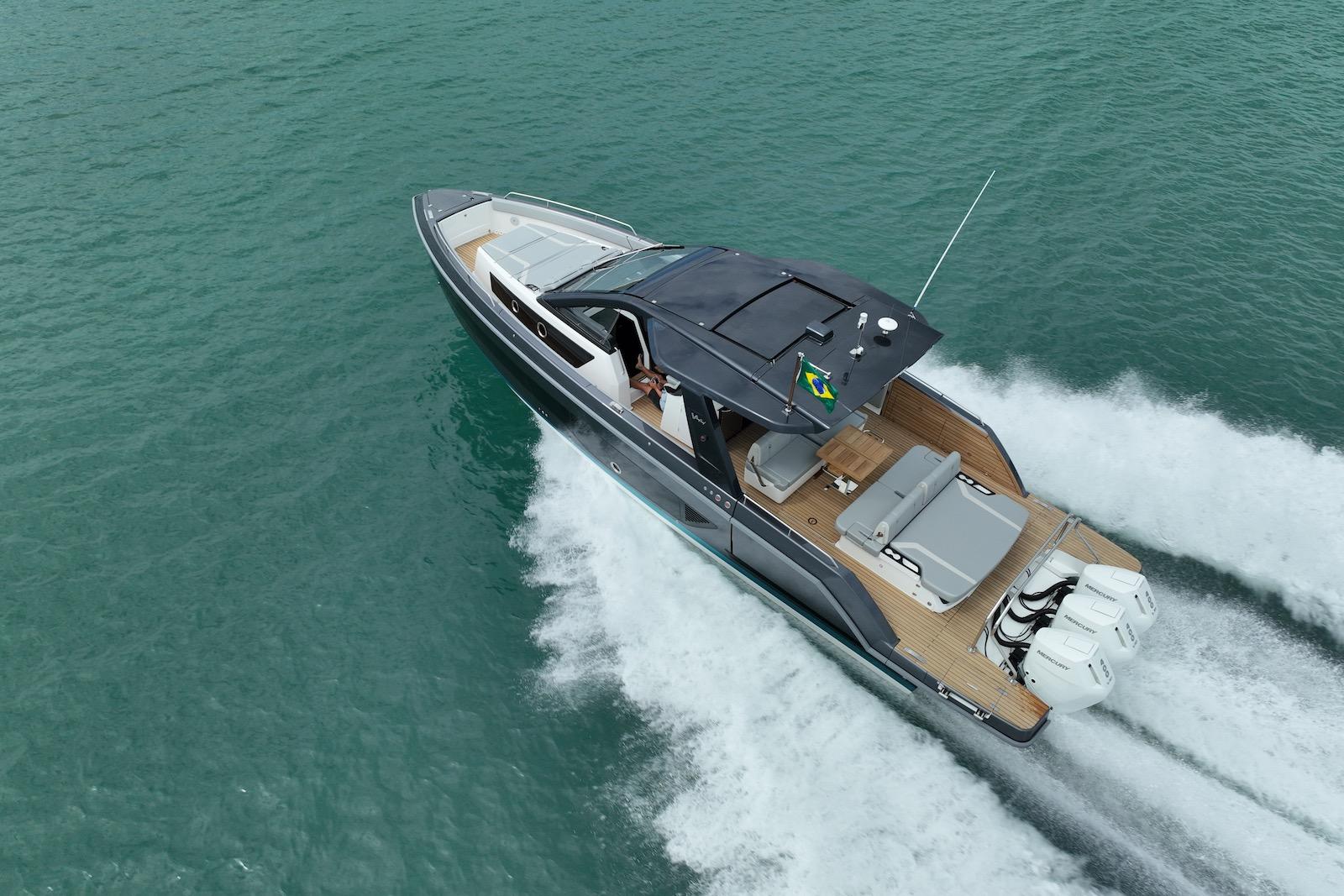 2026 Schaefer Yachts V44 cruising on open water, showcasing sleek design and powerful engines.