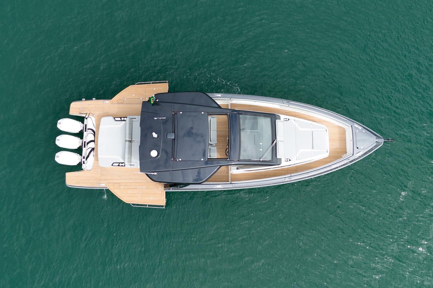 Aerial view of 2026 Schaefer Yachts V44 on open water.