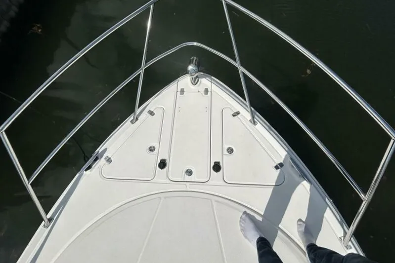  Yacht Photos Pics Bow of 2007 Regal 3760 Commodore boat with stainless steel railings.