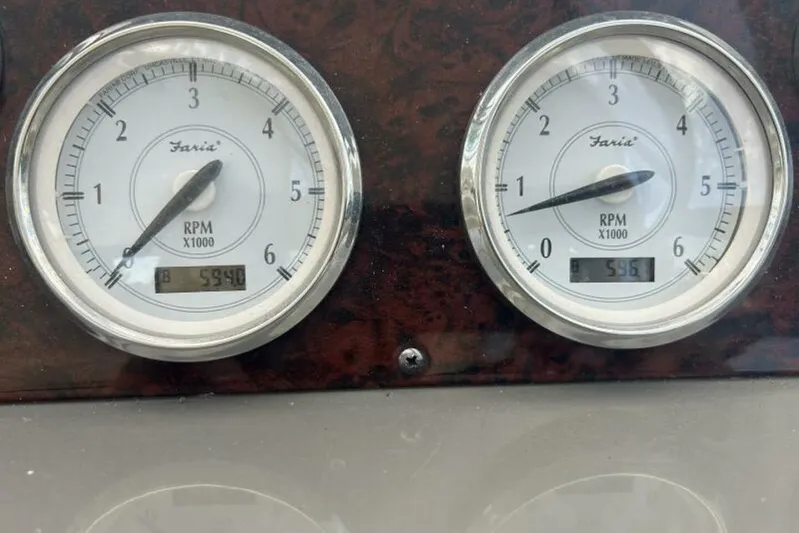 Yacht Photos Pics Close-up of 2007 Regal 3760 Commodore RPM gauges displaying engine speed.