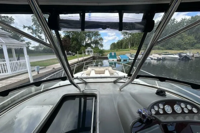  Yacht Photos Pics 2007 Regal 3760 Commodore boat docked at marina, view from cockpit.