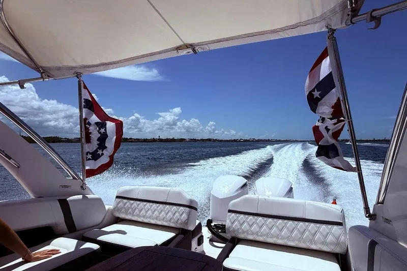  Yacht Photos Pics 2019 Regal 29 OBX boat cruising on open water under clear blue skies.