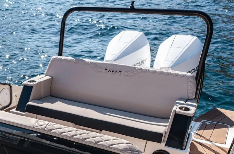  Yacht Photos Pics Navan S30 boat with dual engines, luxury seating, and ocean backdrop, 2025 model.