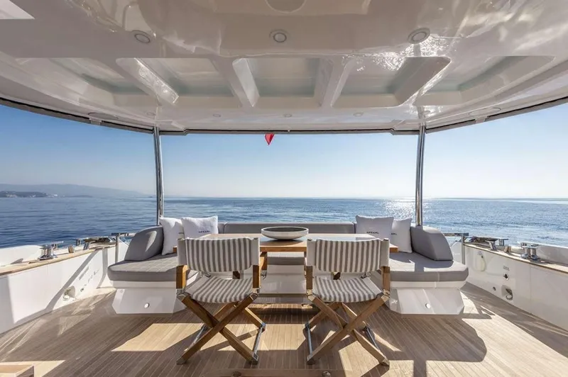  Yacht Photos Pics Luxurious Pearl 80 yacht deck with seating, ocean view, and modern design, 2020 model.