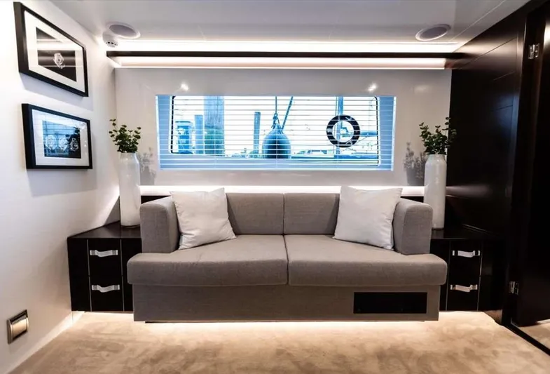  Yacht Photos Pics Luxurious interior of 2020 Pearl 80 yacht with modern sofa and elegant decor.