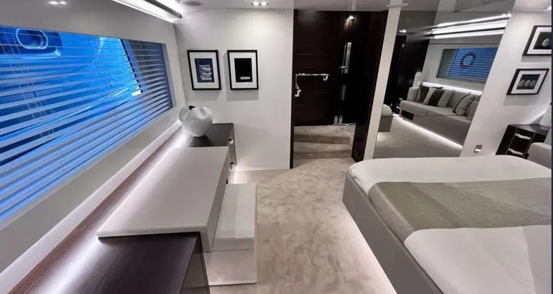  Yacht Photos Pics Luxurious interior of a 2020 Pearl 80 yacht, featuring modern decor and elegant furnishings.