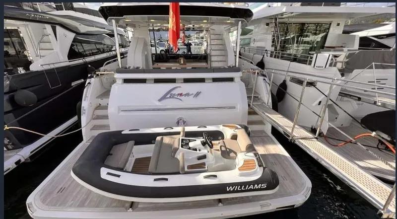  Yacht Photos Pics Luxury Pearl 80 yacht with Williams tender docked at marina, 2020 model.