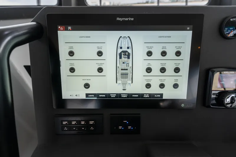  Yacht Photos Pics Touchscreen control panel on 2023 Vandal 46 Explorer boat, displaying lighting options.