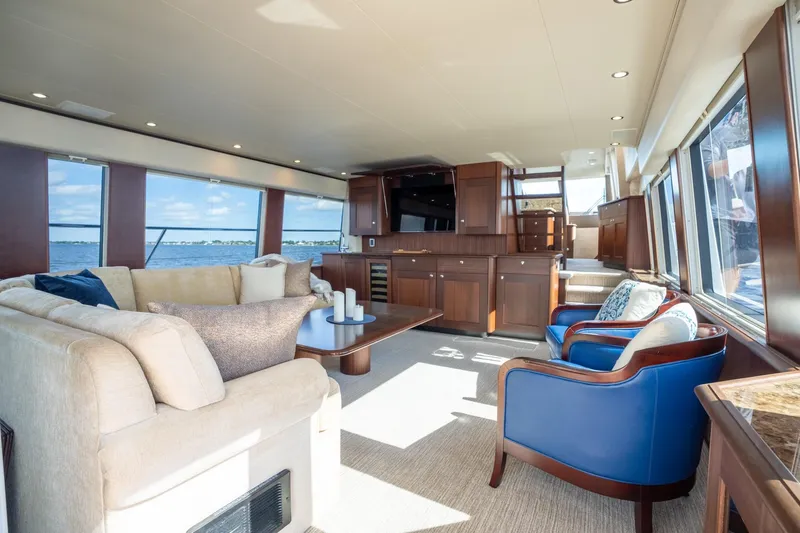 Last Call Yacht Photos Pics Luxurious interior of 2009 Pacific Mariner 65 Motoryacht with elegant seating and panoramic windows.