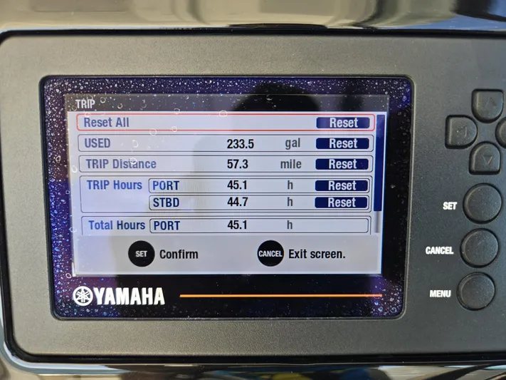  Yacht Photos Pics Yamaha boat display showing trip data: 233.5 gallons used, 57.3 miles traveled.