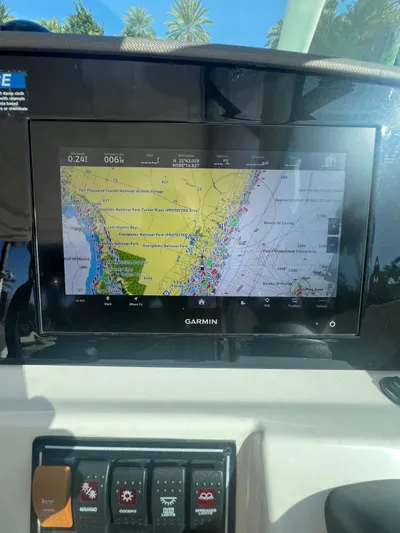  Yacht Photos Pics Garmin navigation display on 2020 Pursuit 266 boat, showing detailed marine map.