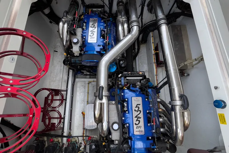  Yacht Photos Pics Engine compartment of a 2007 Fountain 38 Lightning boat with dual Mercury 525 EFI engines.