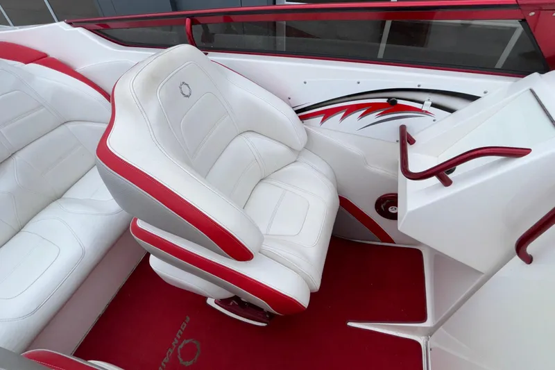 Yacht Photos Pics 2007 Fountain 38 Lightning boat interior with white and red seating and stylish design.