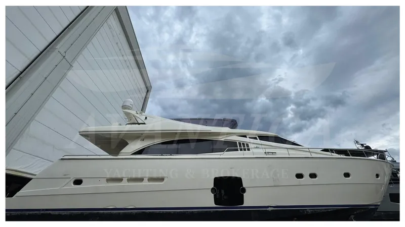  Yacht Photos Pics 2008 Ferretti Yachts 731 docked under cloudy skies.