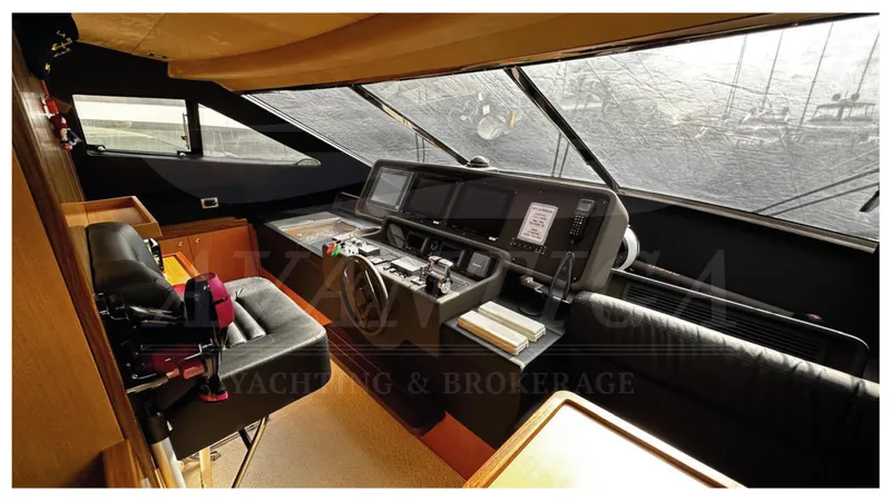  Yacht Photos Pics 2008 Ferretti Yachts 731 helm with advanced navigation controls and luxurious seating.