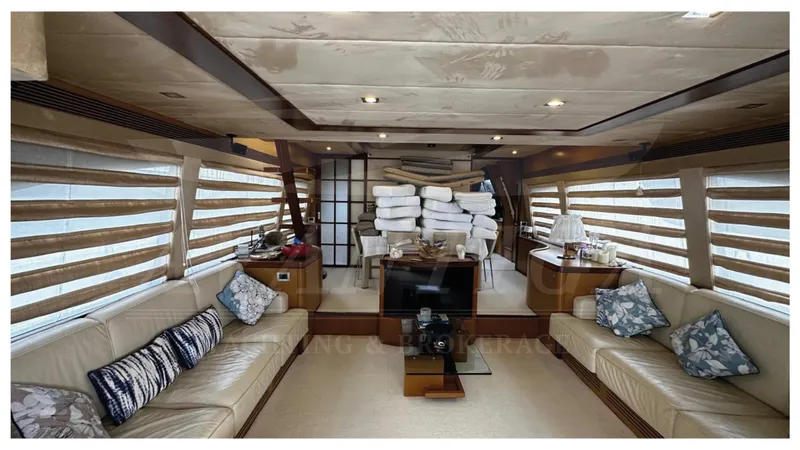  Yacht Photos Pics Luxurious interior of 2008 Ferretti Yachts 731 with elegant seating and modern decor.