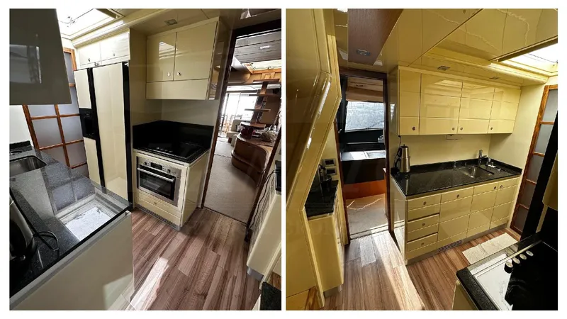  Yacht Photos Pics Luxurious kitchen interior of 2008 Ferretti Yachts 731 with modern appliances and wood flooring.