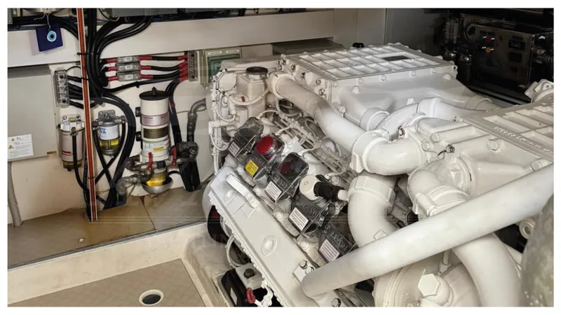  Yacht Photos Pics Engine room of 2008 Ferretti Yachts 731, showcasing detailed mechanical components.