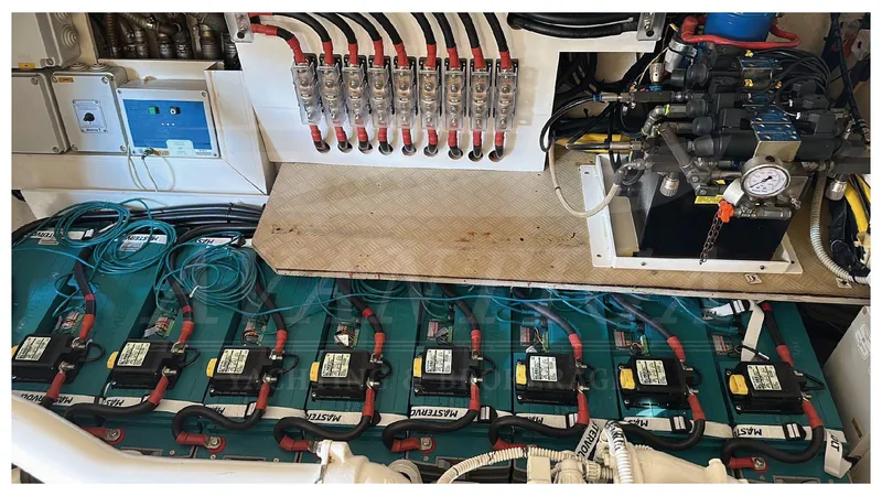  Yacht Photos Pics Engine room of 2008 Ferretti Yachts 731, showcasing electrical components and wiring.