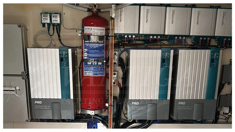  Yacht Photos Pics Electrical system and fire extinguisher in 2008 Ferretti Yachts 731 engine room.