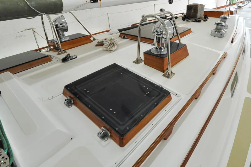 Night Train Yacht Photos Pics 1986 Hinckley Sou'wester 51 yacht deck with winches and hatches.