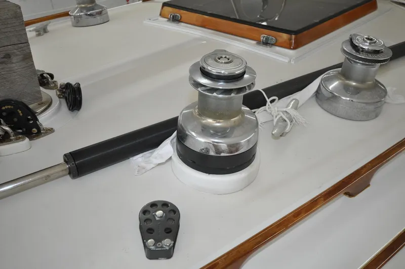 Night Train Yacht Photos Pics Deck equipment on a 1986 Hinckley Sou'wester 51 sailboat, featuring winches and rigging.