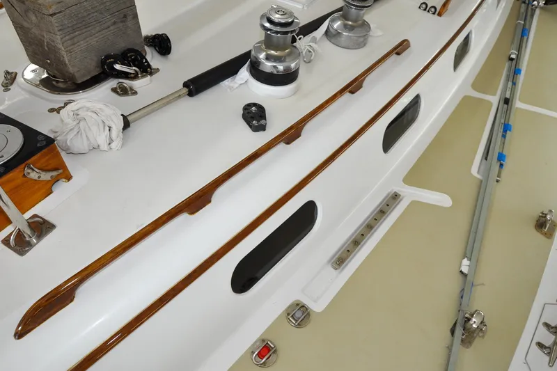 Night Train Yacht Photos Pics Deck of 1986 Hinckley Sou'wester 51 sailboat with winches and wooden trim.