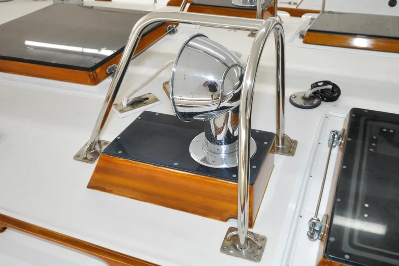 Night Train Yacht Photos Pics Polished chrome spotlight on 1986 Hinckley Sou'wester 51 yacht deck.