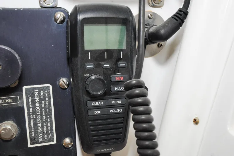 Night Train Yacht Photos Pics Garmin marine radio on 1986 Hinckley Sou'wester 51 sailboat, featuring communication controls.