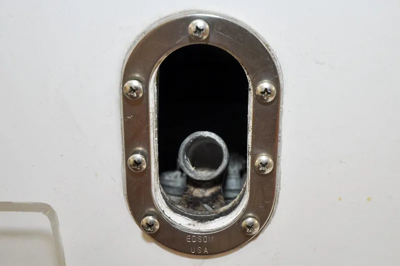 Night Train Yacht Photos Pics Close-up of a Hinckley Sou'wester 51 boat fitting, 1986 model, with metal screws.