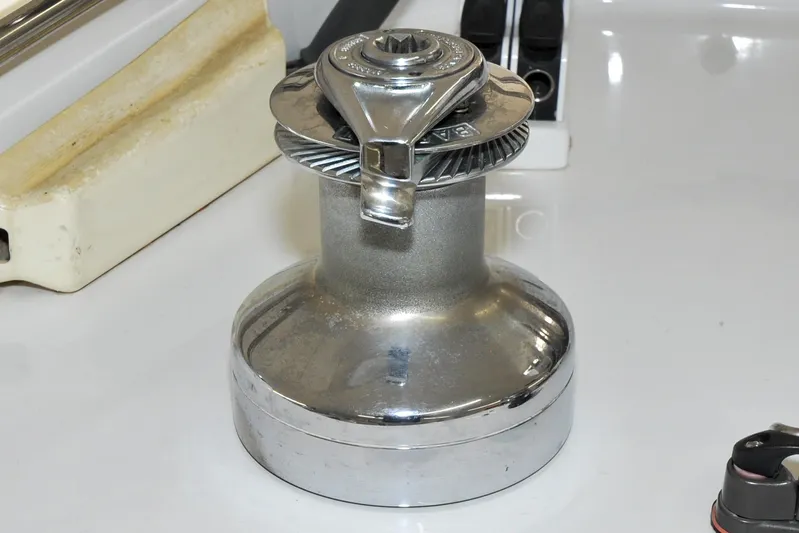 Night Train Yacht Photos Pics Chrome winch on 1986 Hinckley Sou'wester 51 sailboat deck.