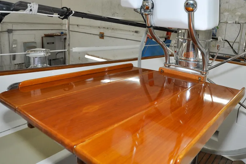 Night Train Yacht Photos Pics Polished wooden helm station on 1986 Hinckley Sou'wester 51 sailboat.