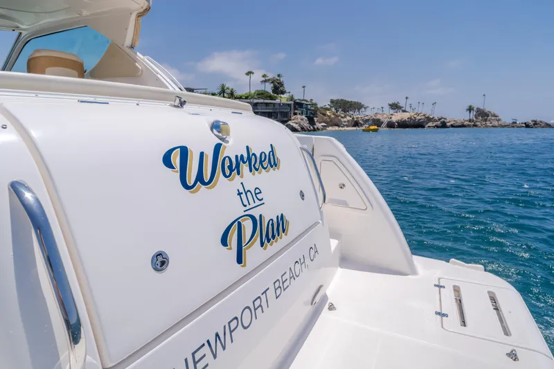 Worked The Plan Yacht Photos Pics 2009 Tiara Yachts 3900 Sovran in Newport Beach, CA, with "Worked the Plan" text.