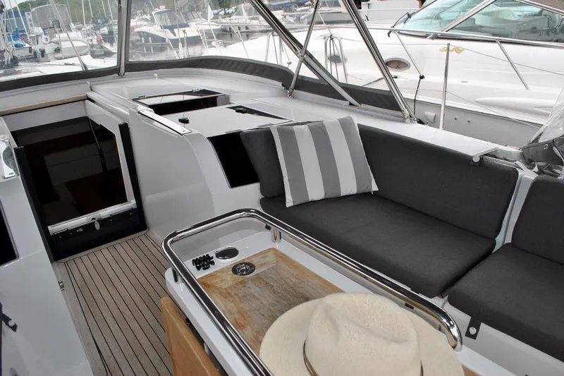 First Light Yacht Photos Pics Luxurious 2017 Hanse 505 yacht interior with sleek seating and stylish decor.