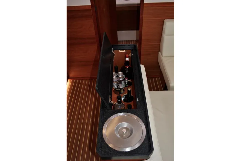 First Light Yacht Photos Pics Interior of 2017 Hanse 505 yacht with built-in beverage storage.