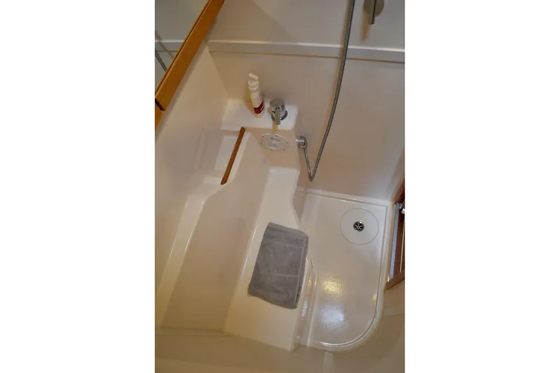 First Light Yacht Photos Pics Compact bathroom in 2017 Hanse 505 yacht with shower and toiletries.