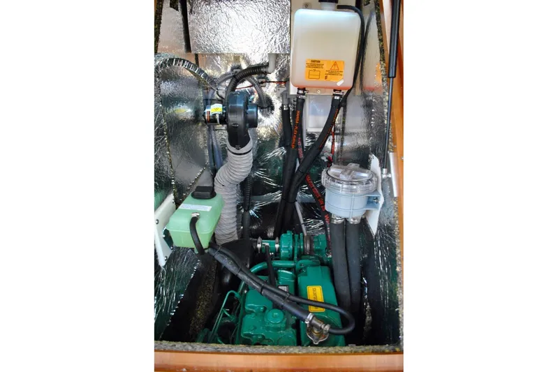 First Light Yacht Photos Pics Engine compartment of 2017 Hanse 505 yacht, featuring various mechanical components.