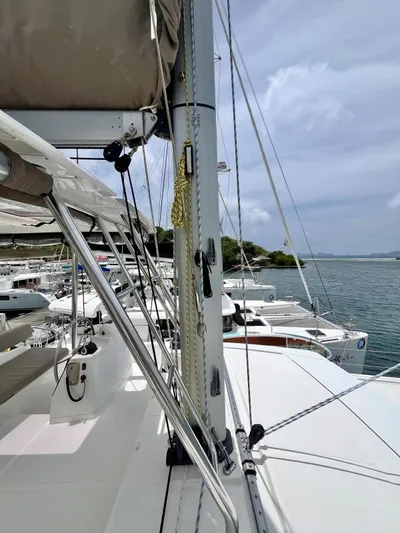 Sea Dog Yacht Photos Pics Sailboat deck view, Bali 4.6 model, docked at marina, 2023.