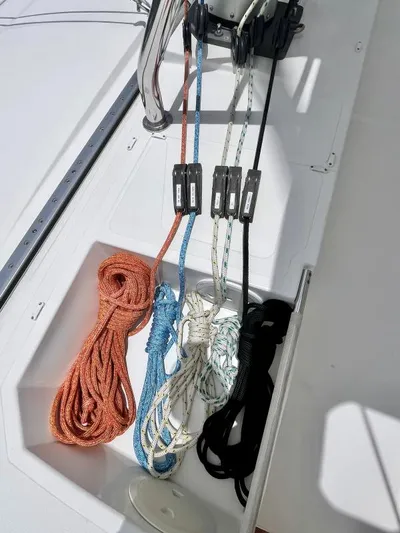 Sea Dog Yacht Photos Pics Colorful ropes organized on a 2023 Bali 4.6 sailboat deck.